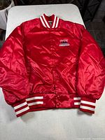 Full front view of red satin Coca-Cola varsity jacket