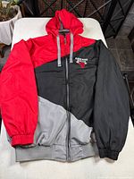 Front view of colorblock Chicago Bulls windbreaker