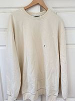 Front view of cream Vans crewneck sweatshirt on hanger