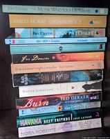 Entire vertical stack of 13 paperbacks