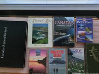 Top and bottom view showing seven book covers including Canada: A Year of the Land, Pacific Rim National Park, Canada's Incredible Coasts, Pacific Coast Adventures, Gulf Islands Explorer