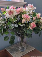 Full view of flower arrangement in glass vase