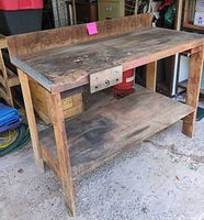 three-quarter view of workbench showing top, backsplash and shelf
