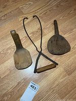 Full lot showing ice tongs and two wooden ladles