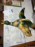 Top view of chalkware mallard duck showing wings, head and body paint