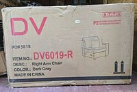 Front of sealed box showing model DV6019-R right arm chair details