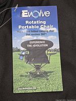 Front product tag showing brand, rotating portable chair description, and chair image