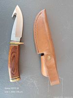 Knife and sheath full view, handle wood grain, sheath front