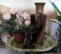 Group view of tray, vase, faux roses, pedestal
