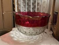 punch bowl with ladle side view showing ruby band and clear base