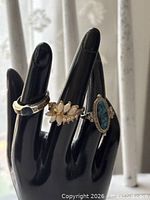 All three rings displayed on black hand form