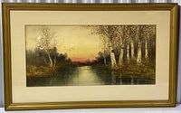 Full view of framed painting showing artwork, mat, and gold frame