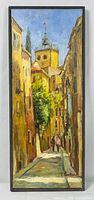 Full frontal view of framed vertical painting showing complete artwork and frame