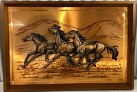 Full view of framed copper/brass horse relief art
