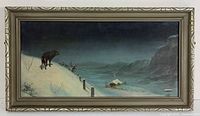 Full view of framed oil on board winter landscape painting