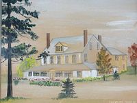 Close view of painting showing house, trees and brushwork