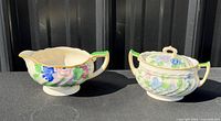 Creamer and covered sugar bowl front view showing pattern and colors