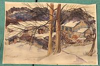 full view of watercolour showing winter stone buildings and trees