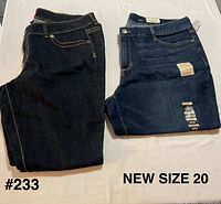 Two pairs of jeans side by side showing general appearance and tag presence