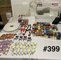 Overall lot with sewing machine, numerous thread spools, interfacing roll, patches