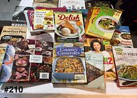 Overview of multiple cookbooks spread on table