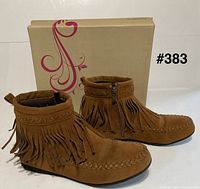 Pair of tan fringe ankle boots with box side view