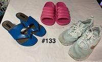 All three pairs: pink slides, blue heeled sandals, teal Nike sneakers on white background