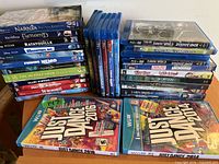 Overall view showing DVDs, Blu-rays and Wii U game cases