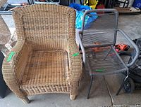 wicker armchair and gray rope chair side by side