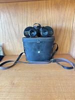 Binoculars seated in hard case with strap visible