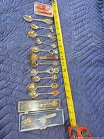 All 13 spoons laid out beside tape for scale