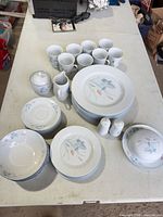 Full set laid out with plates, cups, bowls, serve pieces visible
