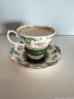 Teacup on saucer, showing pattern and color
