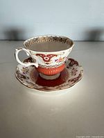 Teacup on saucer showing primary design, front view