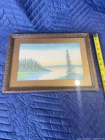 Front of framed painting showing scene, mat and frame