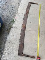 Full view of two-man crosscut saw beside tape measure for length reference
