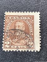 Front view of the cancelled Canada 1935 2-cent King George V stamp