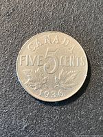 Full reverse of 1936 Canada 5-cent coin