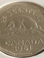 Reverse of 1961 Canadian nickel showing beaver, denomination, country and date