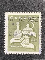 Front view of the single 3-cent Canada Christmas stamp showing full design and cancellation mark