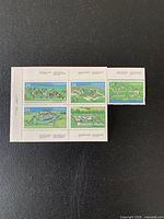 Front view of the 34¢ Forts of Canada plate block with five stamps and left selvage inscription