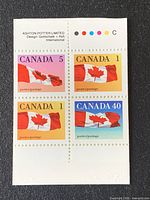 Front view of the pane showing four stamps with denominations 1¢, 1¢, 5¢, 40¢ and top margin with imprint