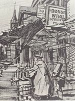 Close-up of lithograph showing street scene detail