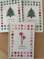 Front covers of three spiral watercolor workbooks: two Christmas theme, one Flowers theme