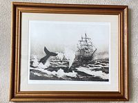 Front view of framed etching displaying artwork, mat and frame condition