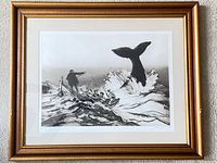 Front view of framed etching with mat and bamboo-style frame