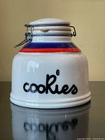 Front view showing "cookies" lettering, stripes, lid and hardware