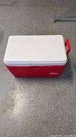 Overall view of closed red Igloo cooler showing front latch and swing handle