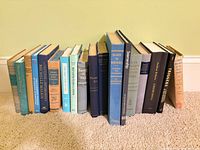 Row of 18 hardcover books standing on carpet