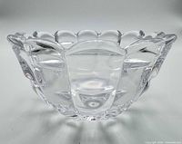 Front view of clear pressed glass bowl showing scalloped rim and geometric pattern
